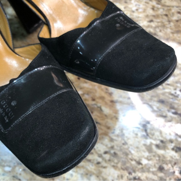 GUCCI Patent Leather Suede Black D'Orsay Square Toe Block Heel Pumps 5.5 - Picture 9 of 13